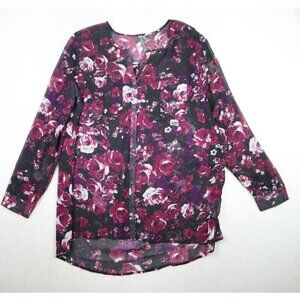 MASSINI - WOMEN'S BLACK & PURPLE SHEER PRINT LONG SLEEVE TUNIC TOP - SIZE L